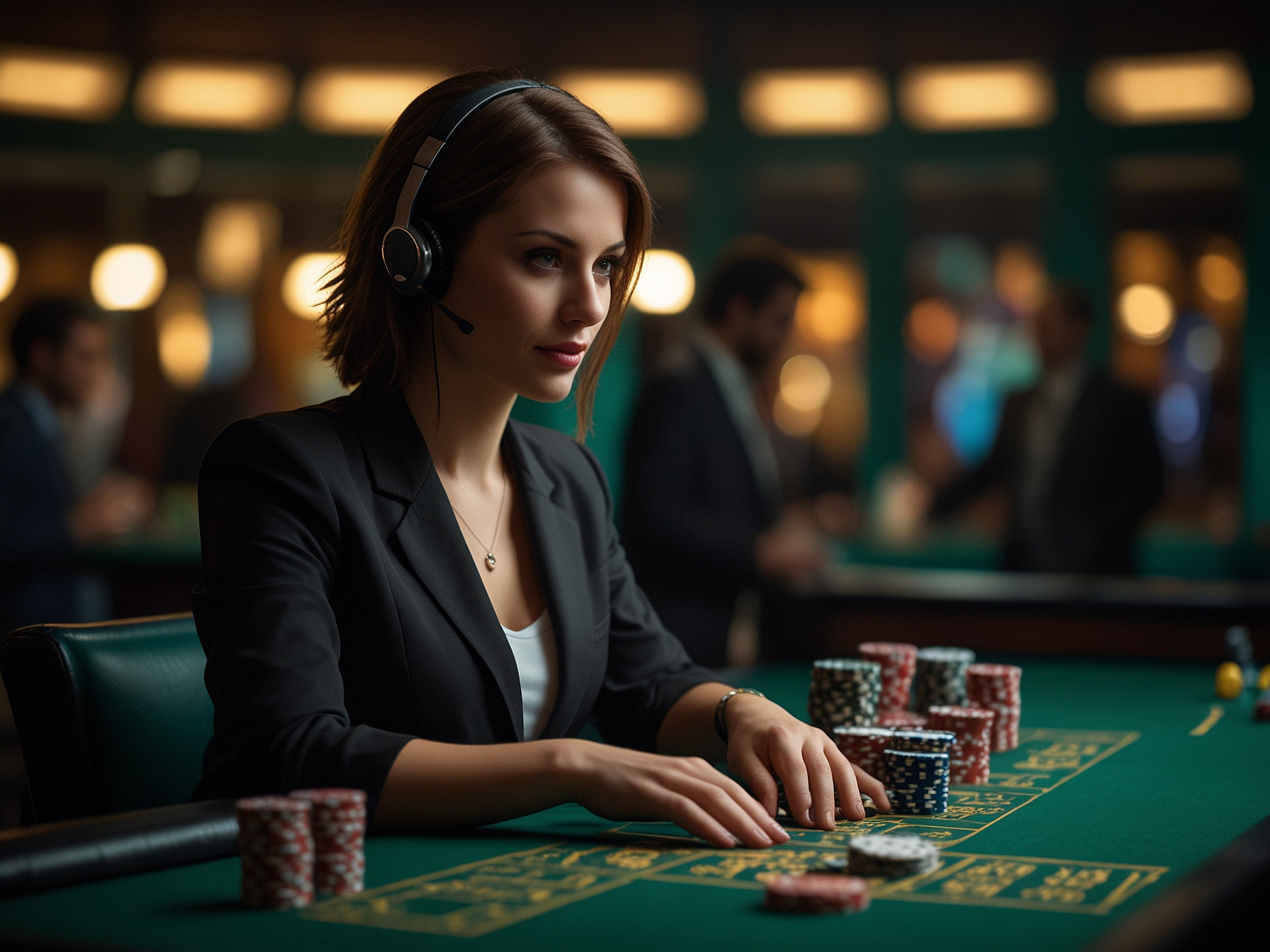 Crupier en vivo en mesa de casino Zeus